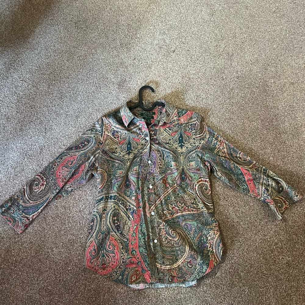 LAUREN RALPH LAUREN WOMENS NON-IRON PAISLEY BUTTON UP LONG SLEEVE SMALL BLOUSE